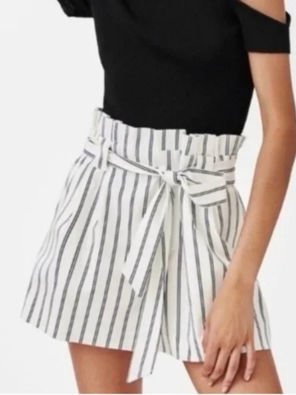 Zara TRF Collection-Black & white striped high-waisted paperbag short (no belt)